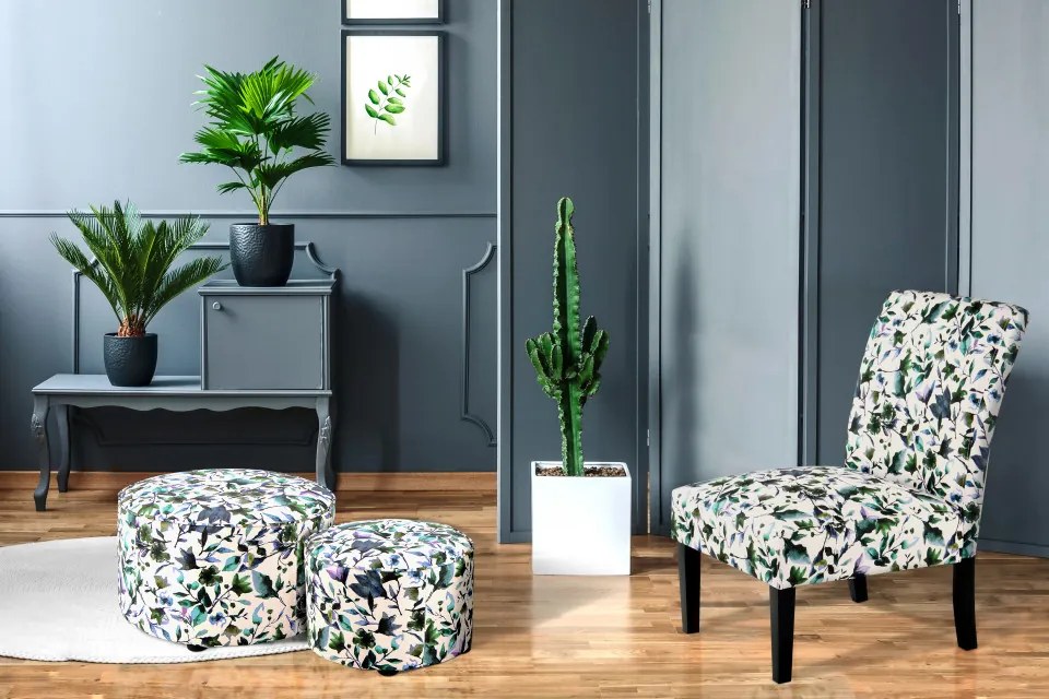 Set 2 tabureti tapitati cu imprimeu floral Indira multicolori/albi