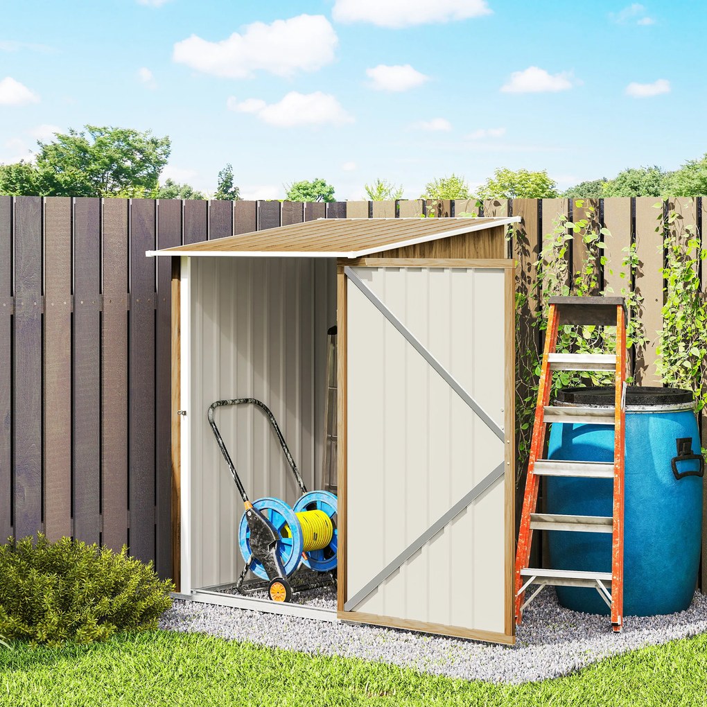 Outsunny Căsuță de Grădină 0.92m² din Oțel Galvanizat, Depozit pentru Unelte cu Ușă Blocabilă, Acoperiș Înclinat, 100x104x160 cm, Maro Deschis cu Aspect de Lemn | Aosom Romania