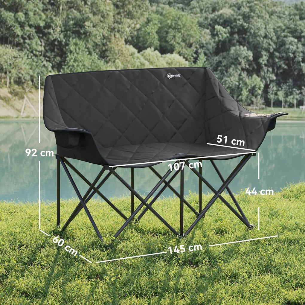 Outsunny Scaun pliabil 2 locuri, scaun de camping pliabil cu geantă de transport, outdoor, suportă până la 250 kg, 145 x 60 x 92 cm, Negru | Aosom Romania