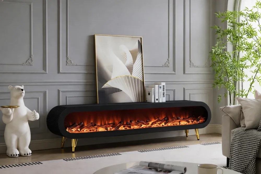 Șemineu electric cu efect LED realist, Comodă TV cu design oval, control vocal și telecomandă, fără încălzire, 180 cm, Negru