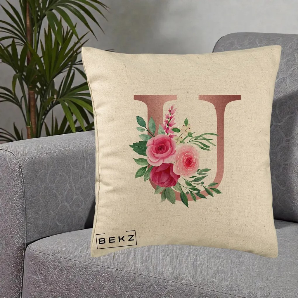 Cadou Personalizat - Perna Personalizata Monograma Rose Gold Litera U, 40x40 cm, Bej, Husa Detasabila, Perna Inclusa, BEKZ®