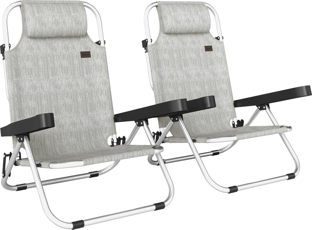 Set Outsunny 2 Șezlonguri Pliabile și Reclinabile pe 4 Poziții cu Suport pentru Cap, din Aluminiu, 62x61x80 cm, Gri | Aosom Romania