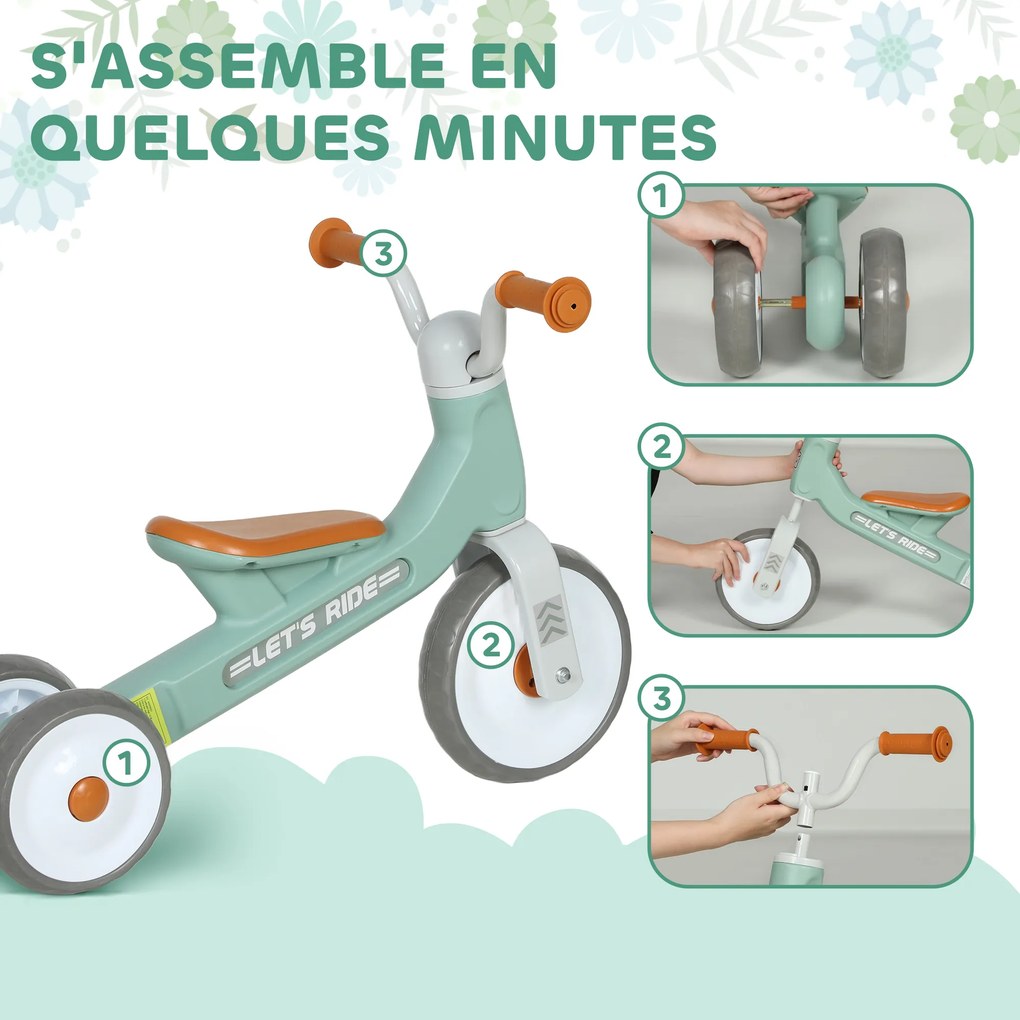 AIYAPLAY Bicicletă fără pedale pentru copii 1-3 ani până la 20 kg, 3 roți silențioase, 69 x 40 x 49 cm, verde | Aosom Romania