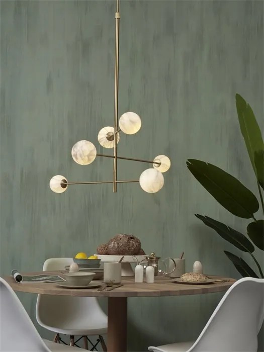 Lustra cu 6 globuri din sticla cu aspect de marmura Carrara auriu