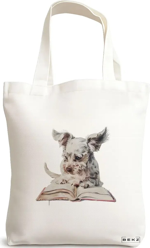 Sacosa de Panza pentru Cumparaturi, Geanta Tote, model Reading puppy 12 38 x 34.5 cm, Alba, BEKZ®