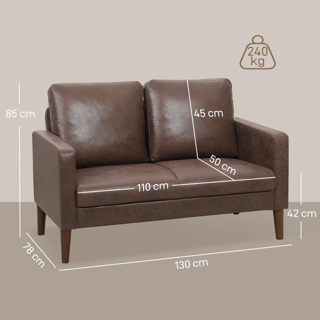 HOMCOM Divan cu 2 Locuri în Material Textil Efect Piele și Picioare din Lemn Maro | Aosom Romania