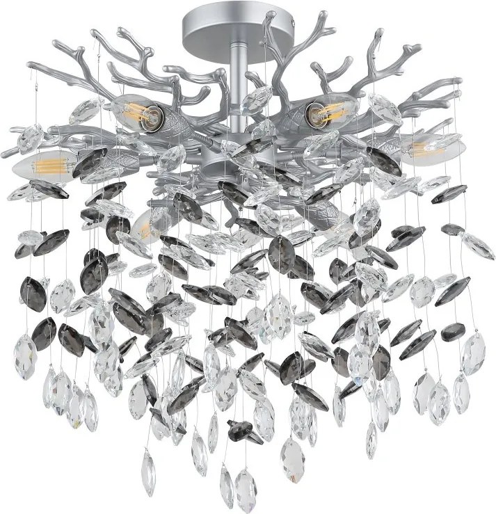 Plafoniera metal argintiu mat, cristale de sticla QUEENA