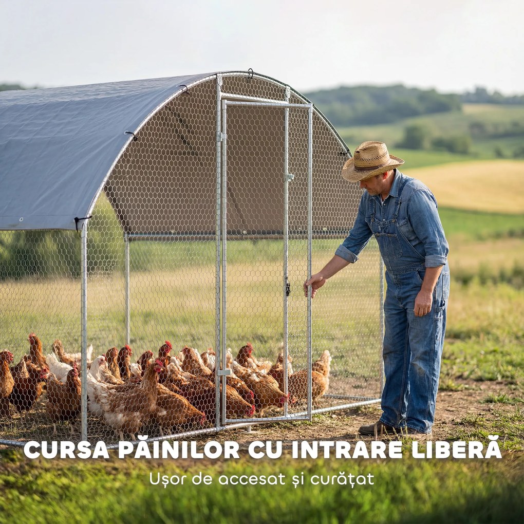 PawHut Țarc pentru Găini din Metal, Mare, cu Acoperire Impermeabilă și Anti-UV, Țarc Exterior cu Ușă Blocabilă, pentru 5-8 Găini, Argintiu | Aosom Romania