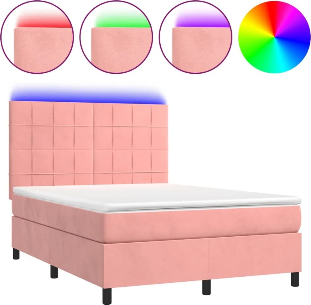 vidaXL Pat cu arcuri, cu saltea și LED, roz, 140x190 cm catifea