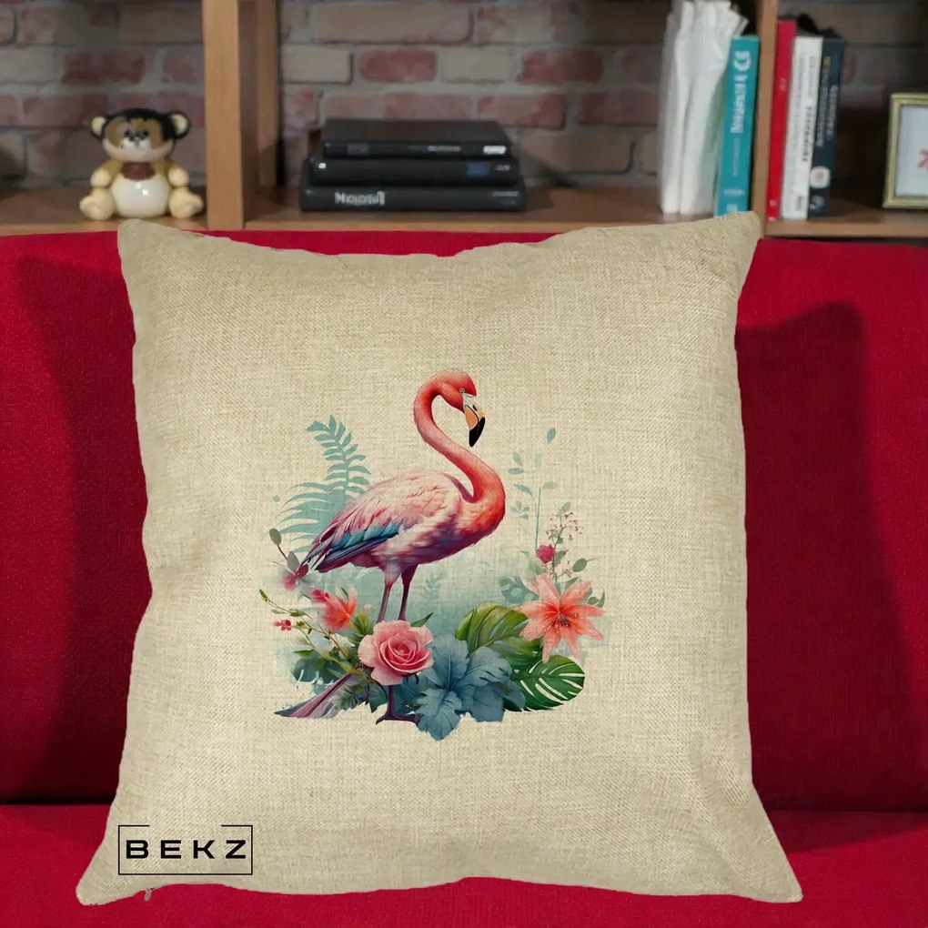 Perna Decorativa Flamingo cu Flori Tropicale Acuarela, 40x40 cm, Crem, Husa Detasabila, Perna Inclusa, BEKZ®