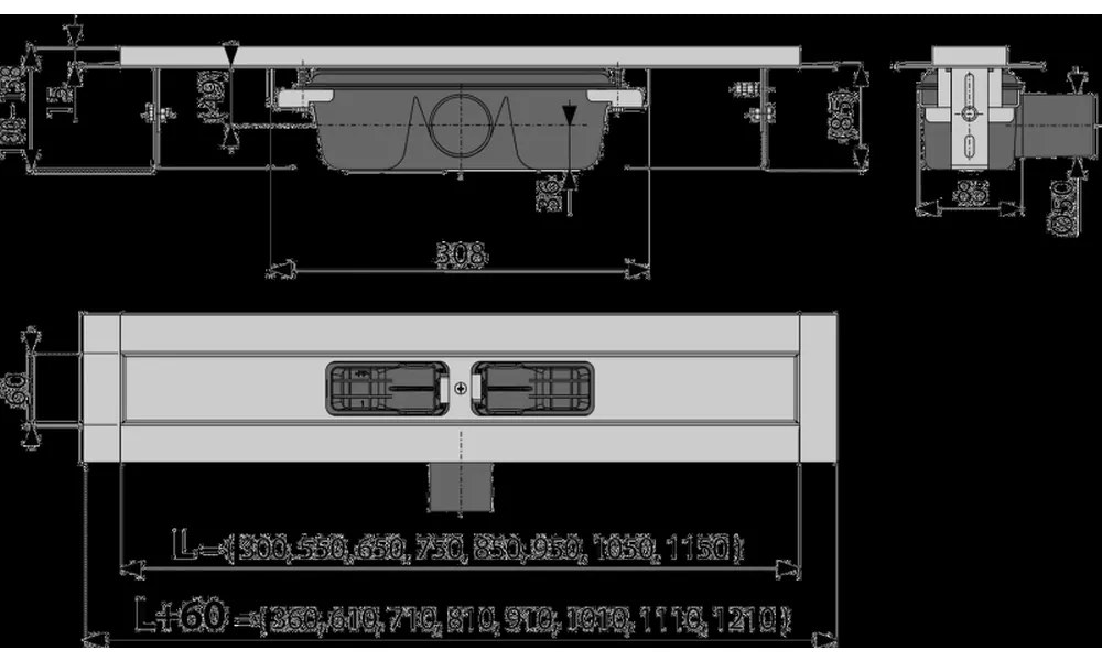 Rigola de dus 145 cm, cu margine pentru gratar perforat, otel inoxidabil 1450 mm