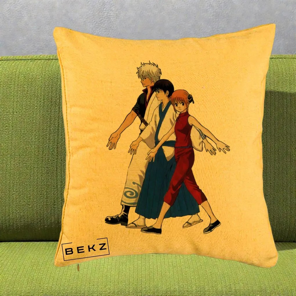 Perna Personalizata Gintama Trio Gintoki Shinpachi Kagura, 40x40 cm, Galben, Husa Detasabila, Perna Inclusa, BEKZ®