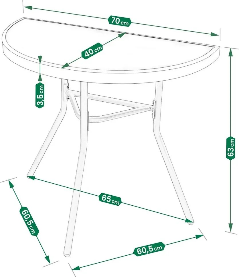 Masă balcon semirotundă bej - sticlă cu structură metalică