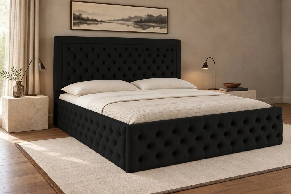 Pat tapițat Chesterfield din catifea Ophelia Deluxe 200×200 cm, negru, cu ladă de depozitare