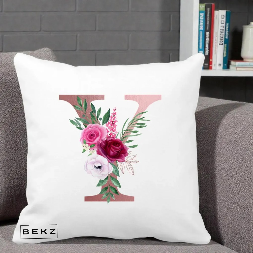 Cadou Personalizat - Perna Personalizata Monograma Rose Gold Litera Y, 40x40 cm, Alba Mata, Husa Detasabila, Perna Inclusa, BEKZ®