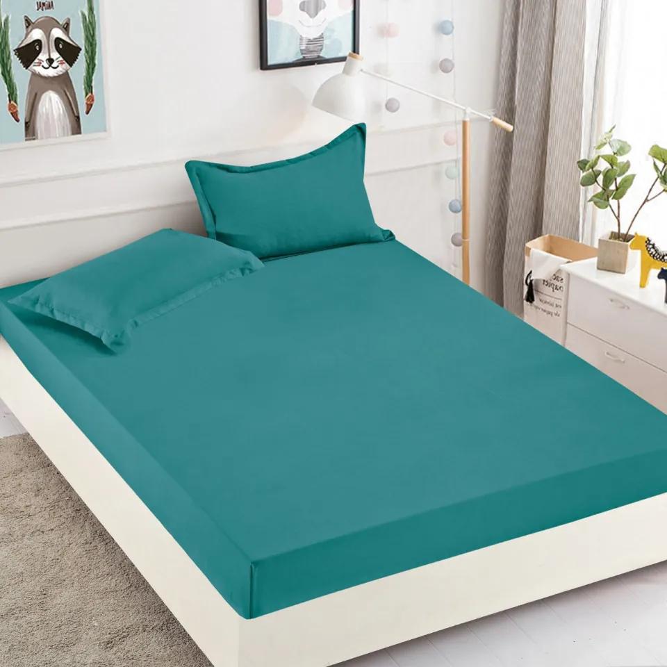 Husa de pat cu elastic si 2 fete de perna, Uni, bumbac tip finet, pat 2 persoane, turquoise, 3 piese, HBF-220