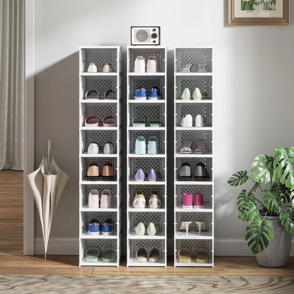 HOMCOM Dulap de Pantofi Modular cu 8 Cutii Stivuibile pentru Pantofi, 26x35x140 cm, Alb | Aosom Romania