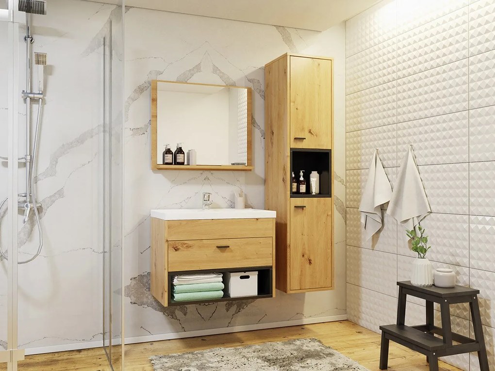 Mobilier baie Olevaro I (Stejar artisan + Negru mat) (cu baterie Economico BYU 020M și sifon). 1104033