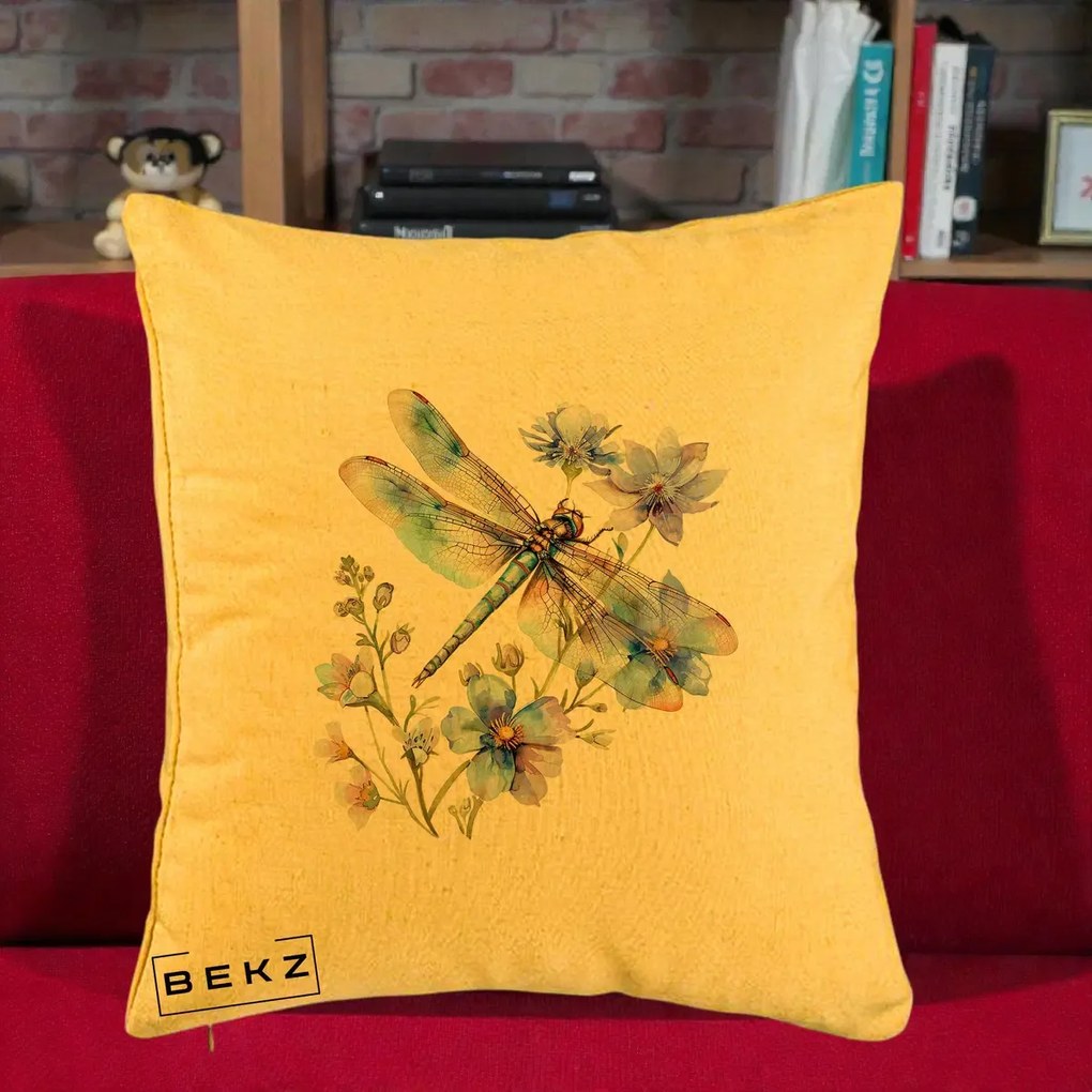 Perna Decorativa Libelula Acuarela Flori Albastre, 40x40 cm, Galben, Husa Detasabila, Perna Inclusa, BEKZ®