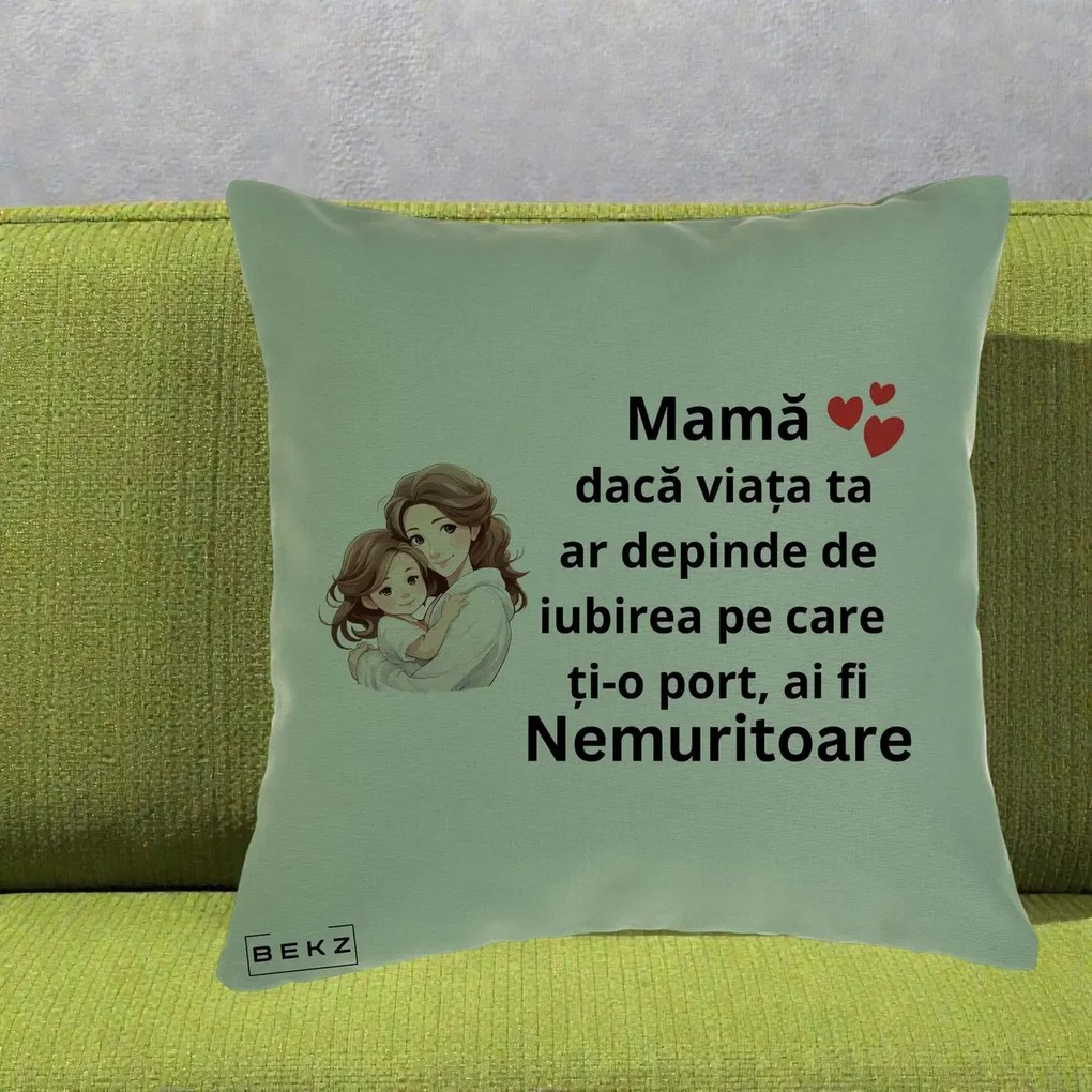 Cadou pentru Mama - Perna Personalizata Mama Nemuritoare cu Balon Inima, 40x40 cm, Verde, Husa Detasabila, Perna Inclusa, BEKZ®