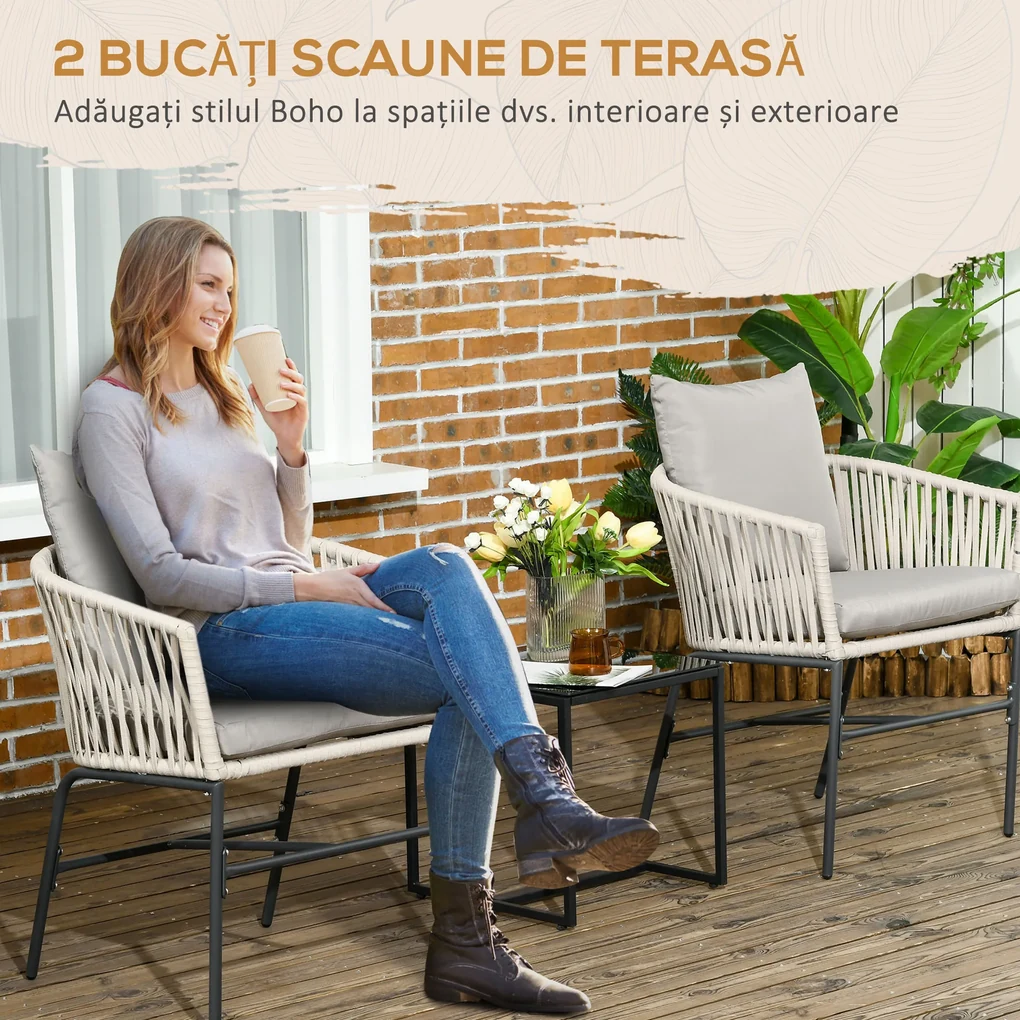 Outsunny Set Bohem de Scaune de Terasa din Franghie Impletita 2 Bucati, Scaune de Exterior cu Perne Confortabile, Design Modern | Aosom Romania