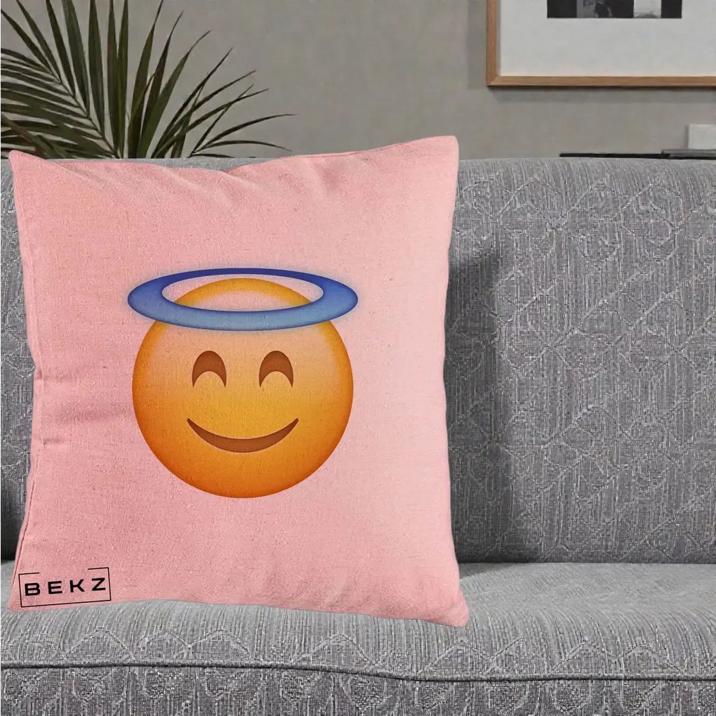 Perna Decorativa Emoji Inger cu Aureola, 40x40 cm, Roz, Husa Detasabila, Perna Inclusa, BEKZ®