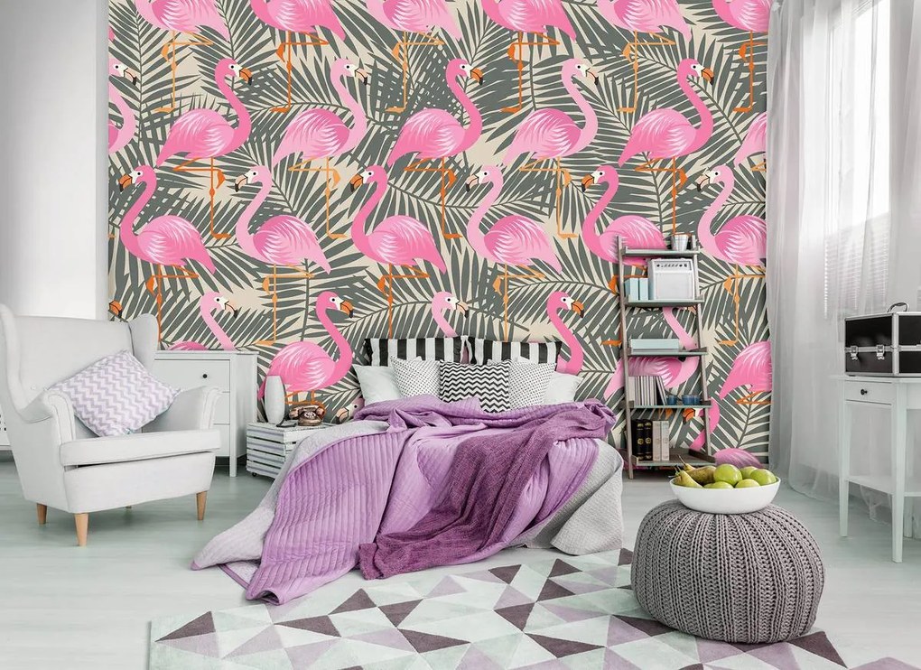 Fototapet - Flamingo - roz spre gri (254x184 cm)