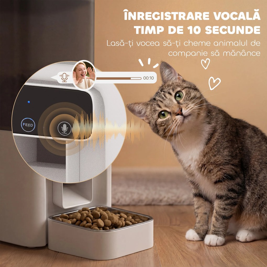 PawHut Distribuitor Automat pentru Pisici, 4.5L WiFi cu Timer, Programabil pentru 1-10 Mese, Hrănitor Automat cu Înregistrare Vocală și Alimentare Dublă pentru Pisici și Câini de Talie Mică | Aosom Romania