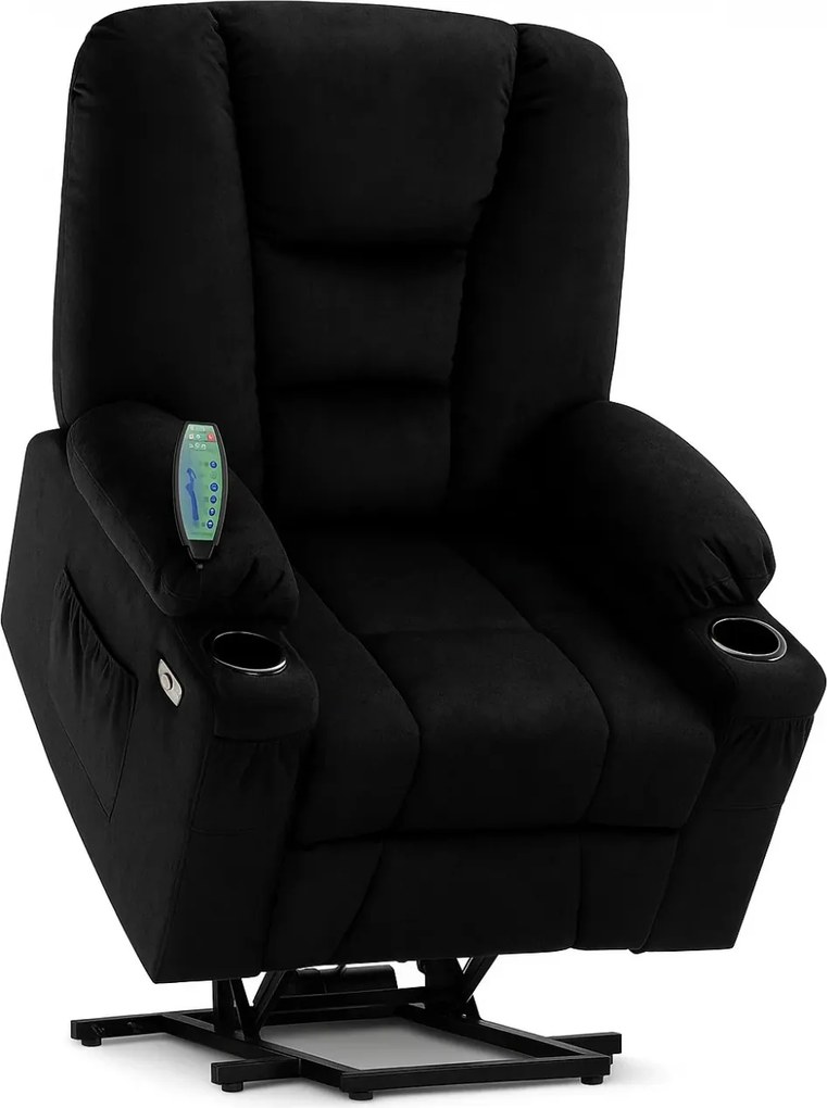 RESIGILAT- Fotoliu Electric Power Lift&Recliner, ridicare și rabatare, masaj și incalzire, porturi USB, suporturi pentru pahare, buzunare laterale, telecomenzi, textil, Negru