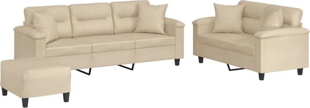 vidaXL Set de canapele cu perne, 3 piese, crem, microfibră