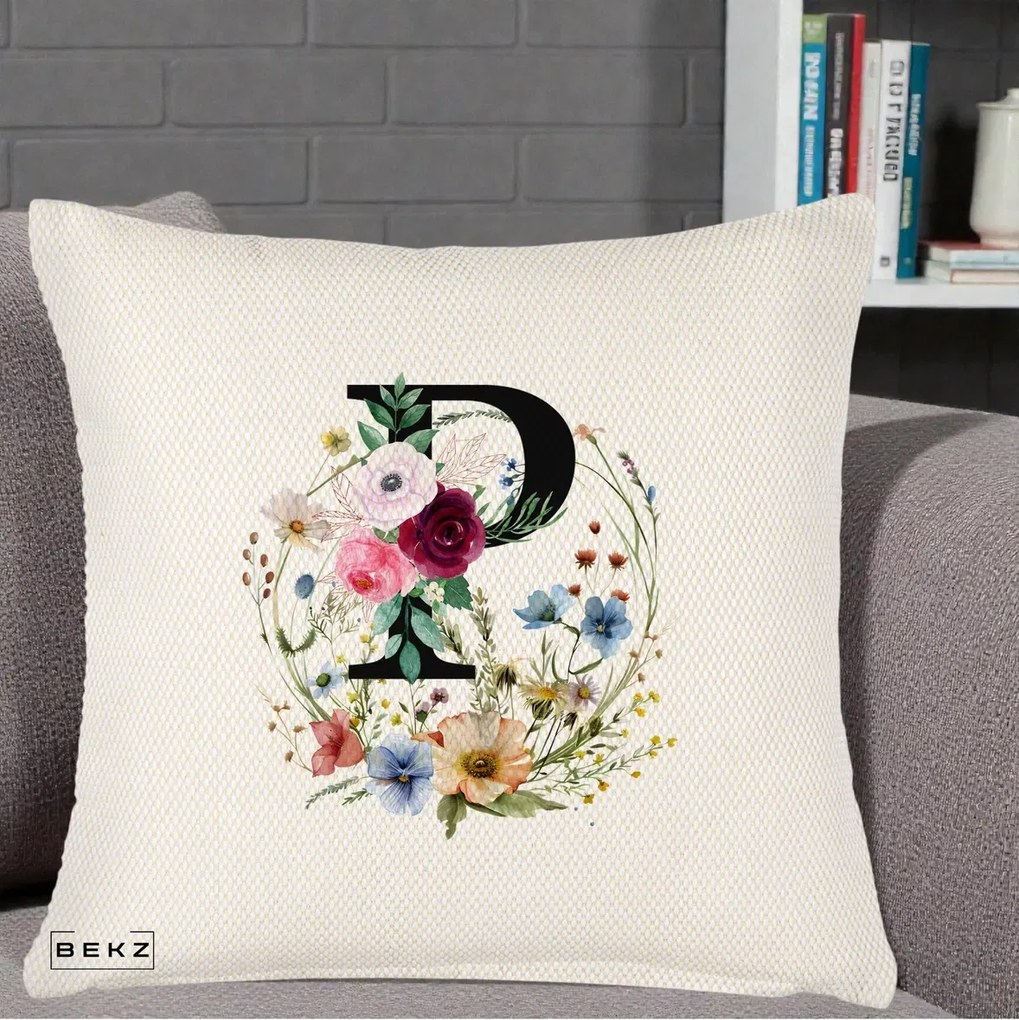 Cadou Personalizat - Perna Personalizata Monogram Litera P cu Flori Acuarela, 40x40 cm, Crem Reliefat, Husa Detasabila, Perna Inclusa, BEKZ®
