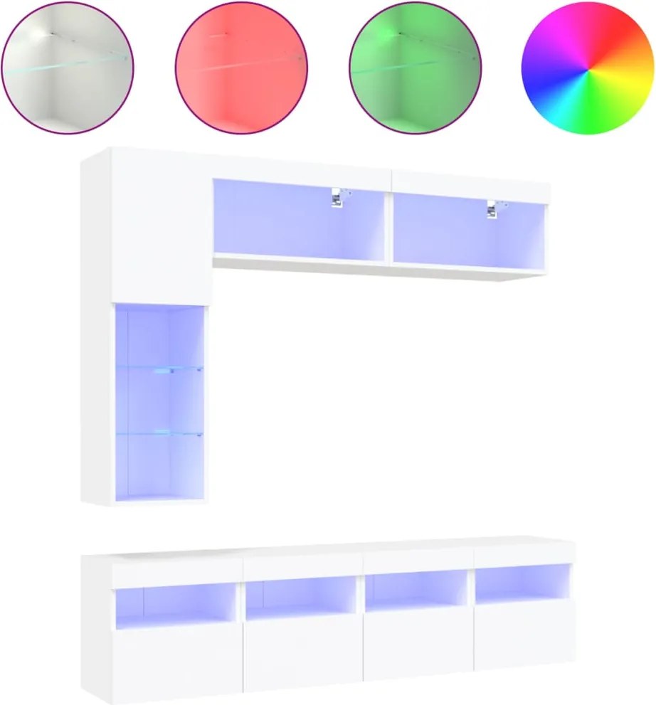 vidaXL Set comode TV de perete, 7 piese, cu lumini LED, alb