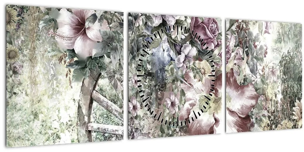 Tablou - Flori pe roata de lemn (cu ceas) (90x30 cm)