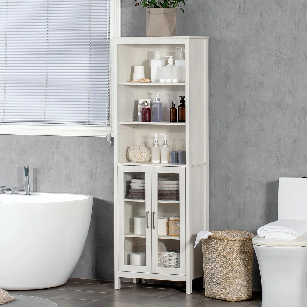 kleankin Colțar de Baie cu 2 Uși de Sticlă și 3 Rafturi Mobilier Auxiliar de Stil Modern 53x30x162 cm Alb | Aosom Romania