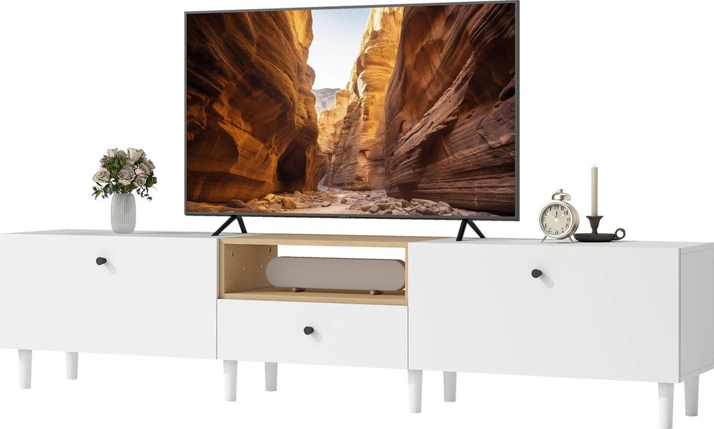 HOMCOM Comodă TV 200 cm pentru televizoare până la 228,6 cm, 2 compartimente rabatabile, spațiu deschis, sertar, 8 picioare, placă aglomerată, alb | Aosom Romania