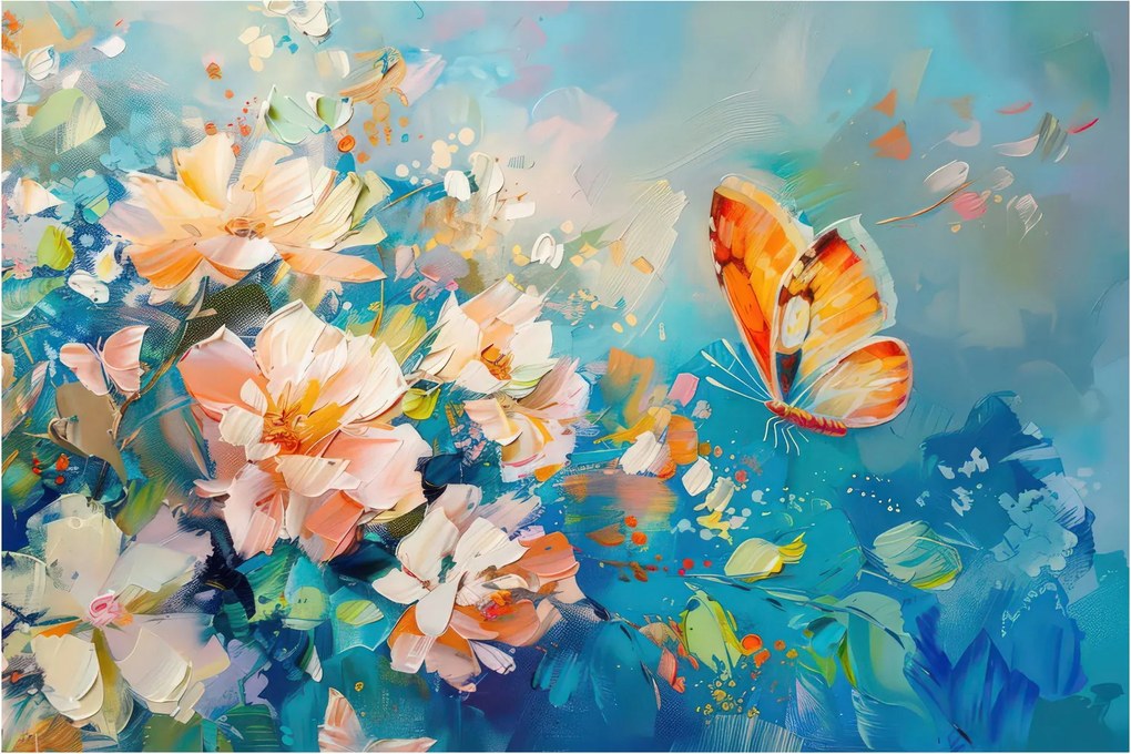Tablou - Fluture și flori, pictură în ulei II. (90x60 cm)