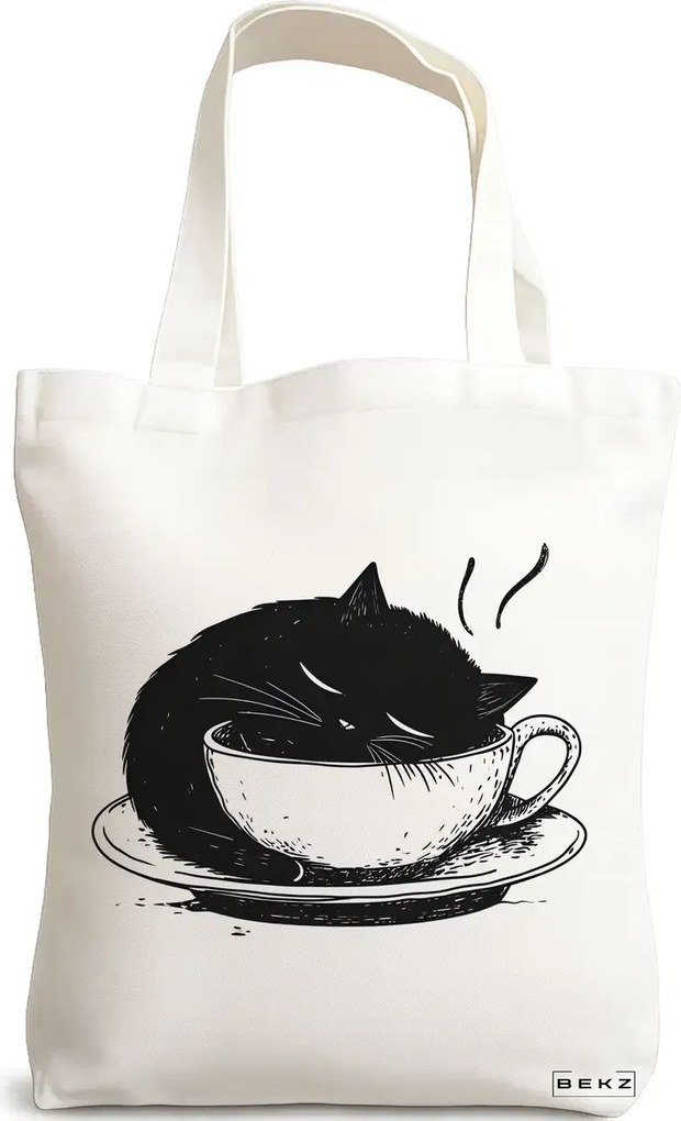 Sacosa de Panza pentru Cumparaturi, Geanta Tote, model Caffeine Cat 23 38 x 34.5 cm, Alba, BEKZ®