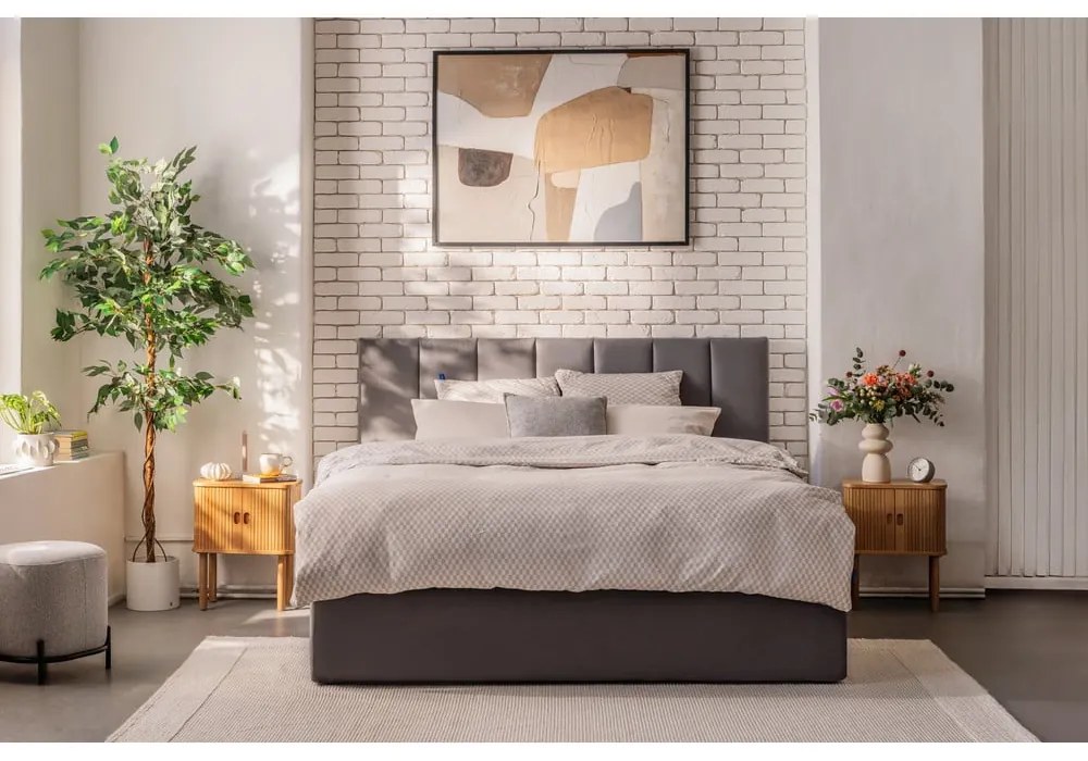 Pat matrimonial gri tapițat cu spațiu de depozitare cu somieră 180x200 cm Thessa Bold Line – Bonami Selection