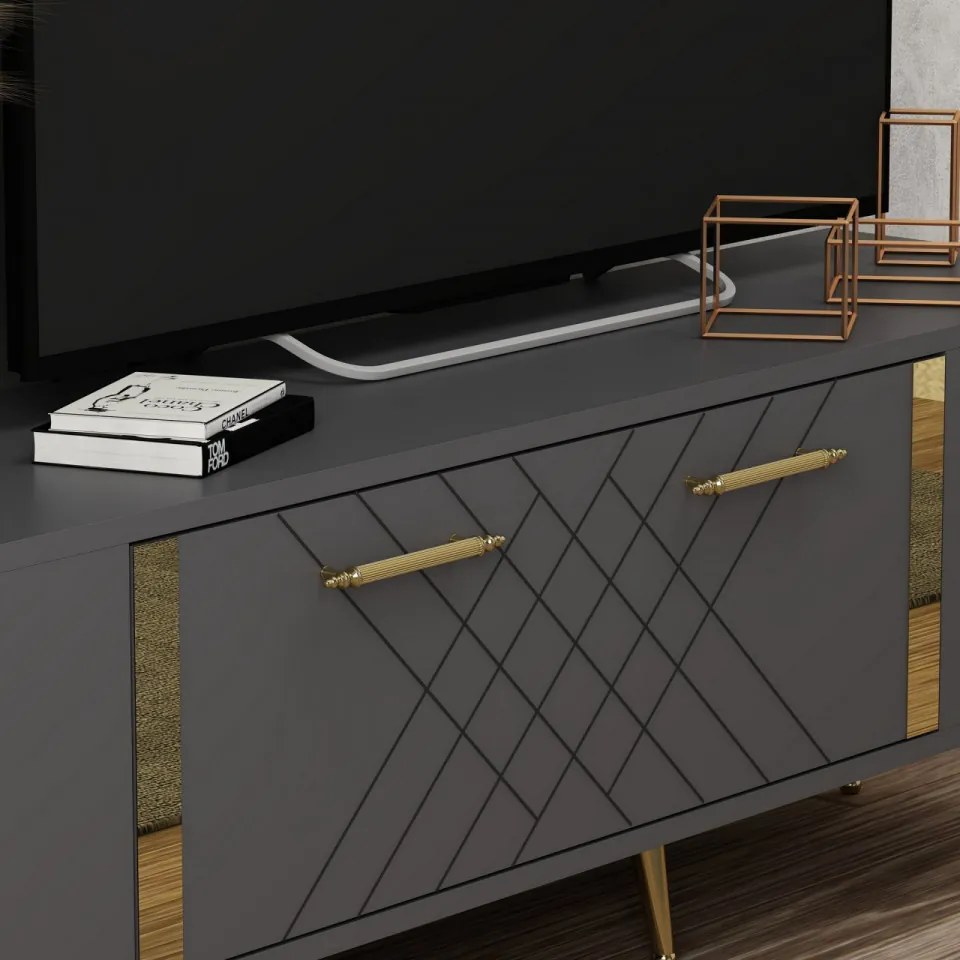 Comoda TV Detas, Antracit / Auriu