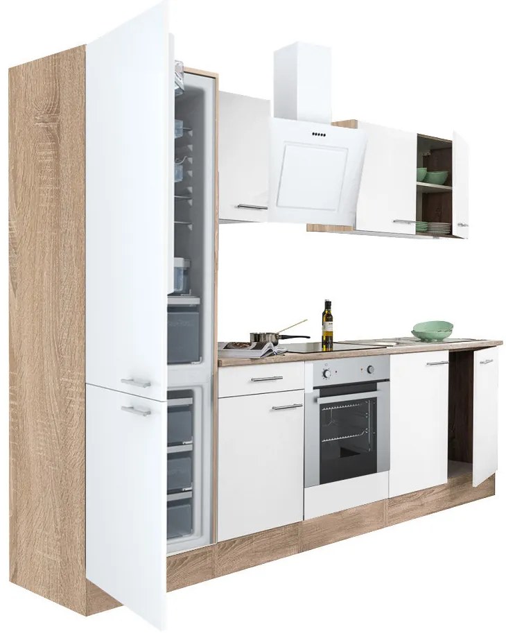 Mobilă de bucătărie Yorki 270, corp din stejar sonoma, față alb satinat, element cuptor inferior, frigider congelator inferior