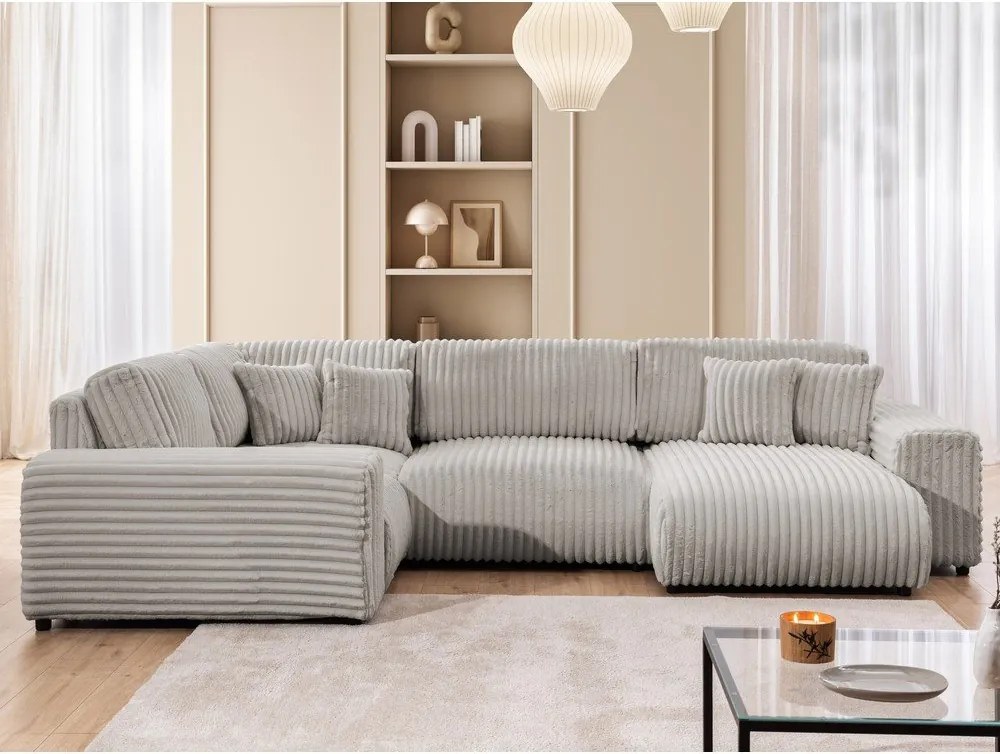 Colțar gri deschis cu tapițerie din catifea reiată (cu colț pe partea stângă/în formă de "U") Justin – Ropez