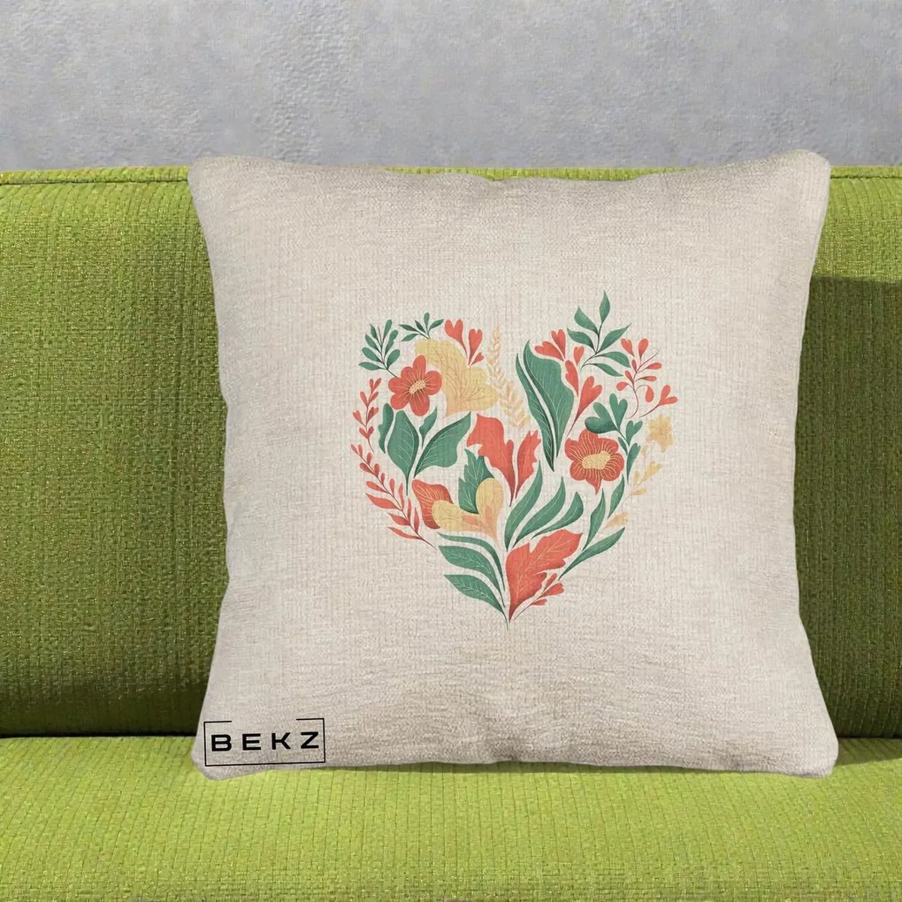 Perna Decorativa Inima Florala Botanica, 40x40 cm, Bej Canapea, Husa Detasabila, Perna Inclusa, BEKZ®