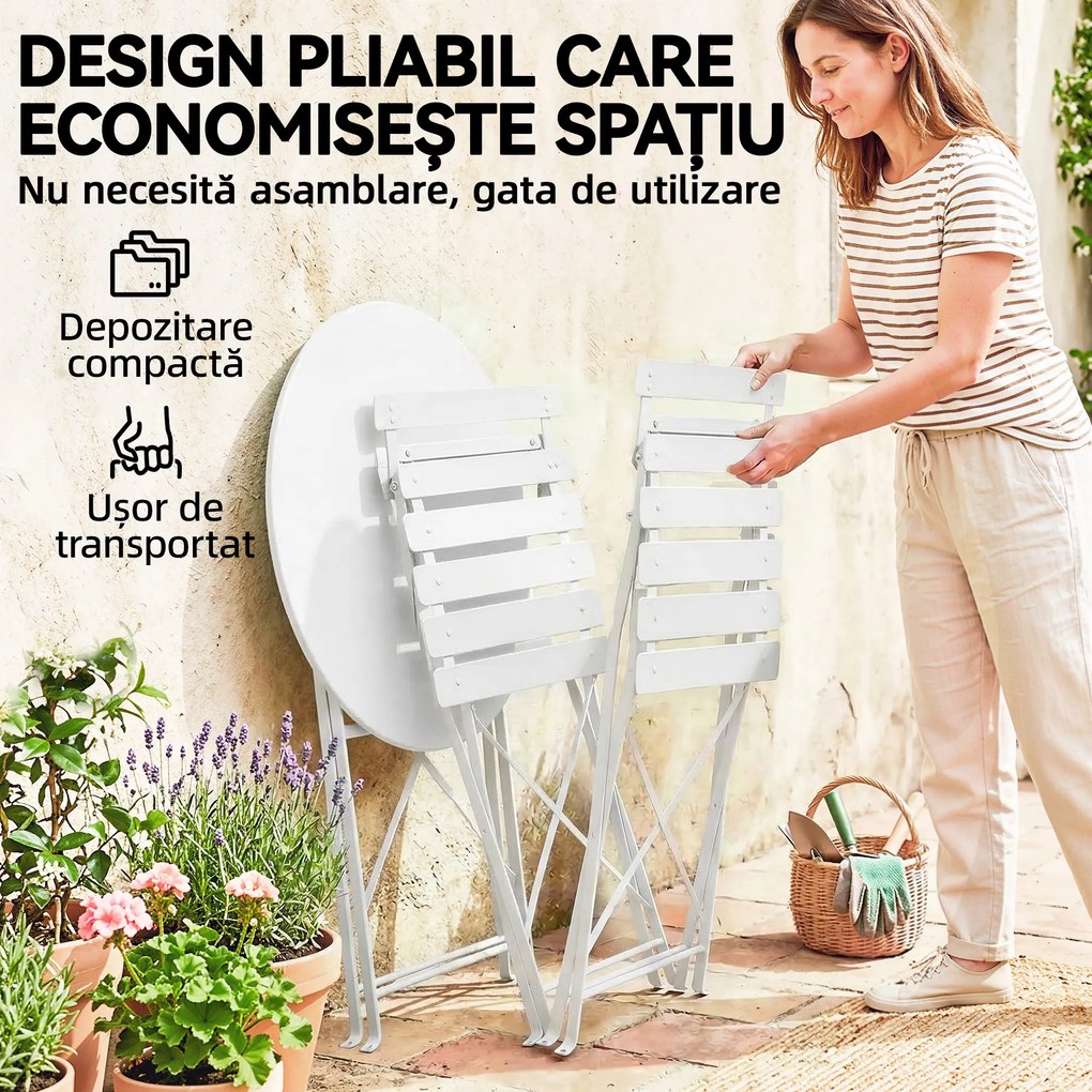 Outsunny Set Bistro Pliabil pentru Exterior cu Masă și 2 Scaune, Alb | Aosom Romania
