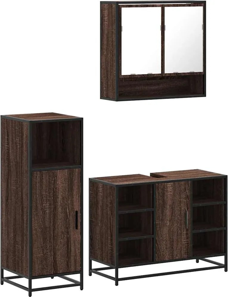 vidaXL Set mobilier de baie, 3 piese, stejar maro, lemn prelucrat