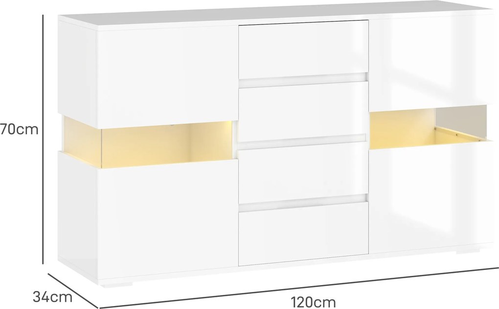 HOMCOM Bufet cu Lumini LED Reglabile prin Telecomandă, Mobilier de Sufragerie cu 4 Sertare și 2 Dulapuri, 120x34x70 cm, Alb | Aosom Romania