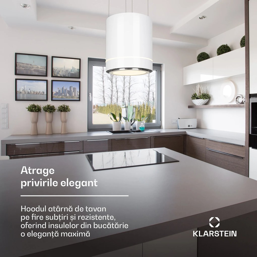 Klarstein Tron Ambience, hotă de tavan, Ø 38 cm, recirculare 540 m³ / h, LED, alb