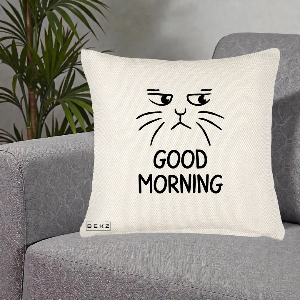 Perna Decorativa Pisica Morocanoasa Good Morning, 40x40 cm, Crem Reliefat, Husa Detasabila, Perna Inclusa, BEKZ®