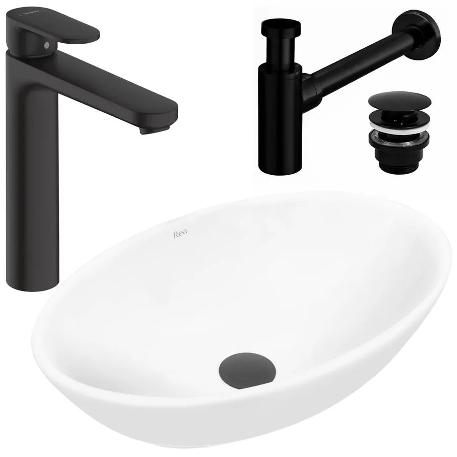 Pachet lavoar pe blat Rea Pamela alb 53 cm, baterie lavoar Hansgrohe Vernis Blend 190 negru si ventil lavoar Click-Clack negru