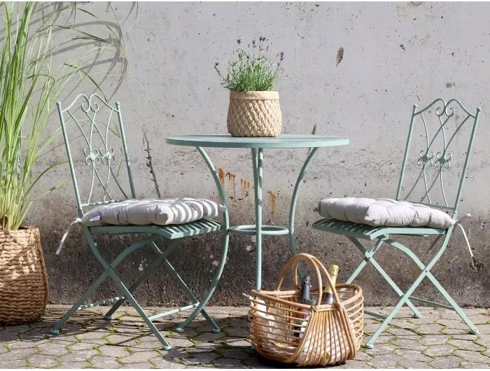 Set bistro pentru exterior din metal verde antichizat cu masă și 2 scaune, „Antique Verte”