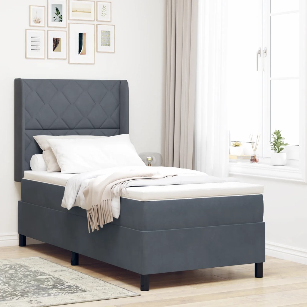 vidaXL Pat box spring cu saltea &amp; LED, gri închis, 100x200 cm catifea